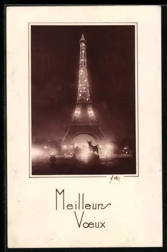 AK Paris, La Tour Eiffel, Eiffelturm bei Nacht, Glückwunsch