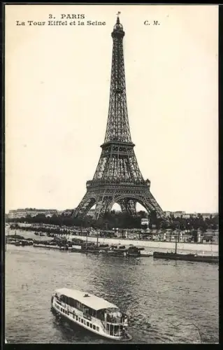 AK Paris, La Tour Eiffel et la Seine, Eiffelturm, Dampfer