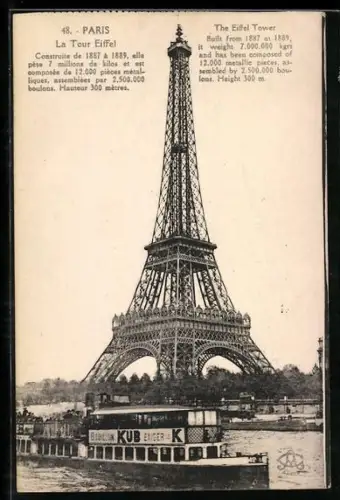 AK Paris, La Tour Eiffel, Eiffelturm mit Dampfer