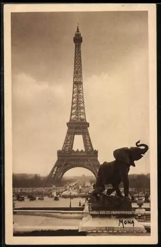 AK Paris, La Tour Eiffel, Eiffelturm und Elefantenstandbild