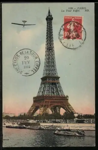 AK Paris, La Tour Eiffel, Eiffelturm mit Flugzeug