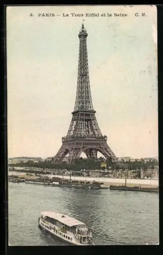 AK Paris, La Tour Eiffel, Eiffelturm mit Dampfer
