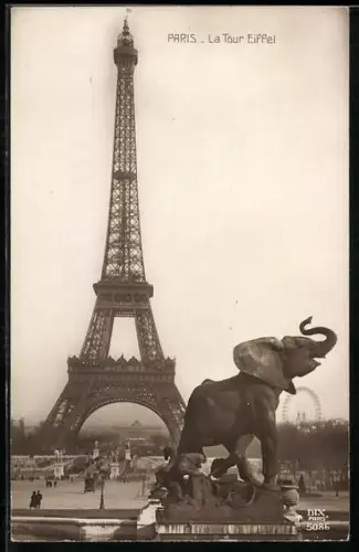 AK Paris, La Tour Eiffel, Eiffelturm mit Elefantenstandbild