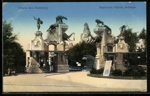 AK Hamburg-Stellingen, Carl Hagenbecks Tierpark, Eingang im Abendlicht