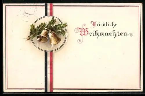 AK Glocken und Tannenzweig mit Schnee, Friedliche Weihnachten