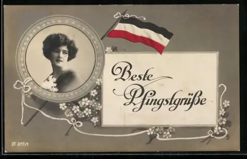 AK Porträt einer Dame mit Reichsflagge, Pfingstgrüsse