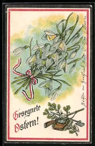 Präge-AK Schneeglöckchen mit Schleife mit Reichsfarben, Gesegnete Ostern