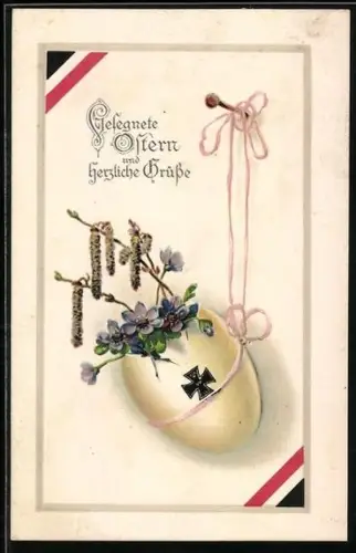 AK Osterei mit Blumen und Eisernem Kreuz, Ostergrüsse
