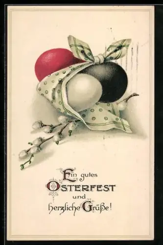 AK Ostergruss, Ostereier in Farben der Reichsfahne, Weidenkätzchenzweig