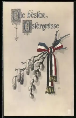 AK Weidenkätzchen mit Schleife mit Reichfarben, Ostergrüsse