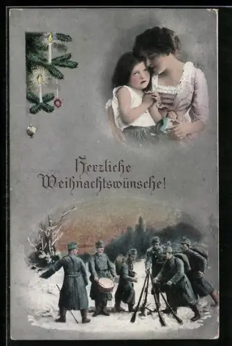AK Soldaten im Schnee, Mutter mit ihrem Kind im Arm, Weihnachten
