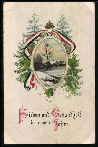 AK Verschneite Landschaft im Rahmen mit Schleife, Neujahr