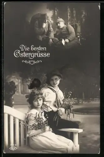 AK Zwei Soldaten mit einem Brief von zu Hause, Zwei Mädchen mit Weidenkätzchen auf einer Bank