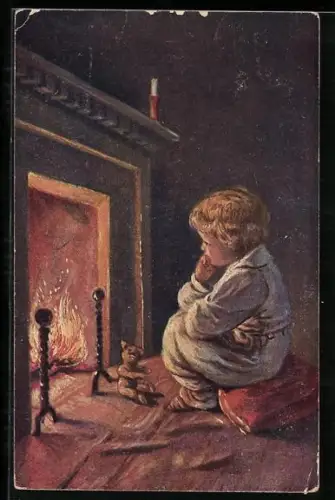 AK Zukunftsträume, Kind mit seinem Teddy am Kamin