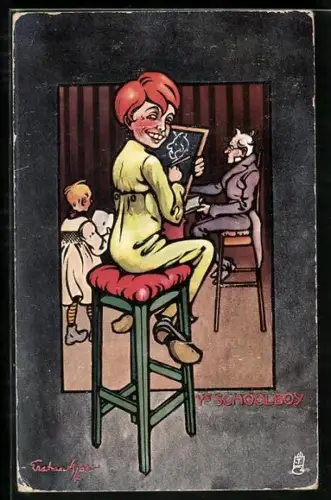Künstler-AK Junge malt auf seiner Tafel einen Lehrer
