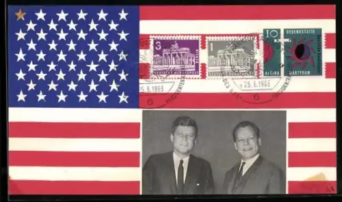 AK Amerikafahne mit John F. Kennedy Präsident der USA und Willy Brandt