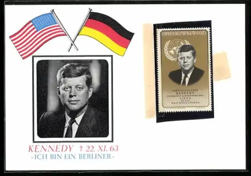 AK Portrait von John F. Kennedy mit US-amerikanischer und bundesdeutscher Flagge, Ich bin ein Berliner