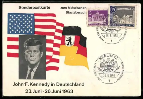 AK Portrait von John F. Kennedy mit Lebensdaten und US-amerikanischer Flagge