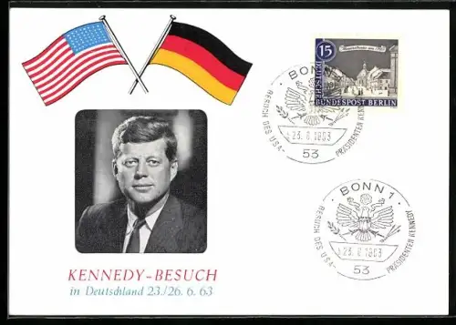AK Portrait von John F. Kennedy mit US-amerikanischer und bundesdeutscher Flagge