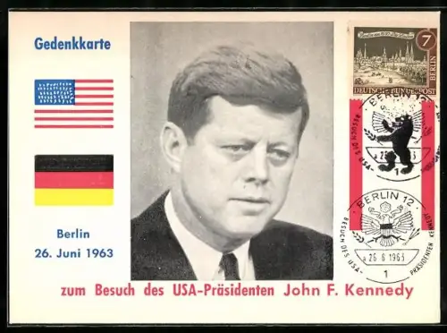 AK Portrait von John F. Kennedy mit US-amerikanischer und bundesdeutscher Flagge