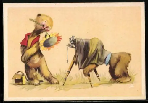 AK Tier mit Fotoapparat fotografiert einen Artgenossen mit Sonnenblume im Maul