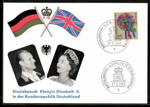 AK Staatsbesuch Königin Elizabeth II. und Prinz Philip 1965 in Deutschland, Sonderpostkarte, Portraits