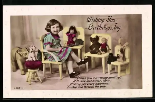 AK Mädchen sitzt mit ihren Puppen und Teddys zusammen