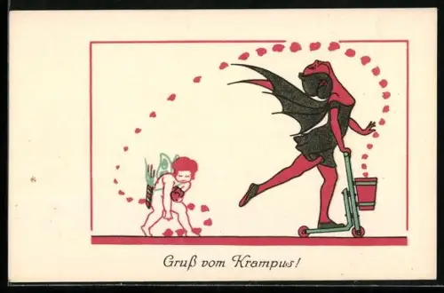 AK Weiblichter Krampus auf einem Roller, Amor sammelt Herzen auf