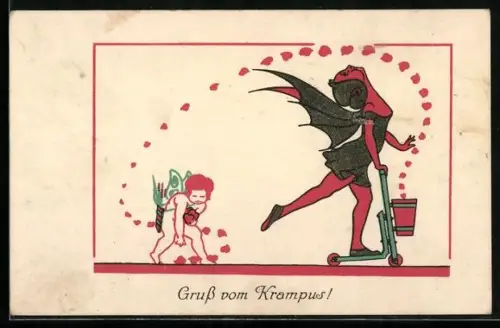 AK weiblicher Krampus fährt mit dem Roller und verstreut dabei Herzen, Amor