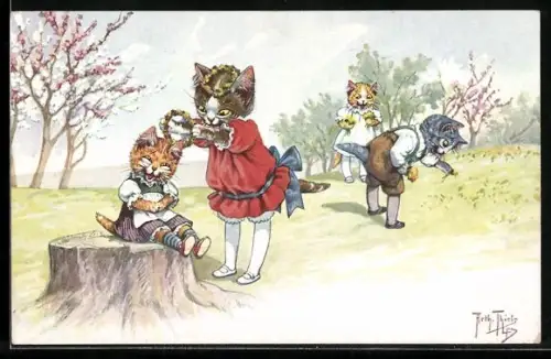 Künstler-AK Arthur Thiele: Katzenmädchen binden Blumenkränze