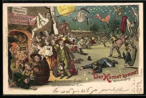 Lithographie Der Komet kommt! Weltuntergang, Verzweifelte finden Trost im Suff