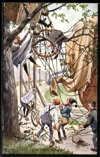 Künstler-AK Arthur Thiele: Eine fatale Situation, Ballon