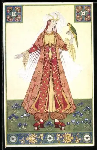 Künstler-AK sign. J. Nillinin: Persische Frau mit Papagei