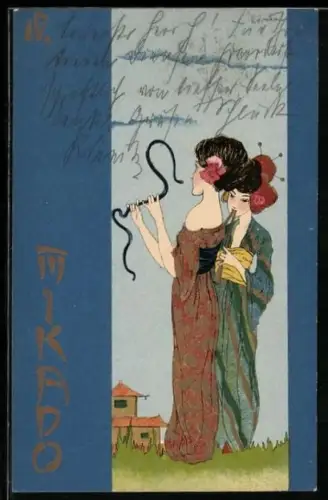 Künstler-AK Raphael Kirchner: Geisha hält eine Schlange in der Hand