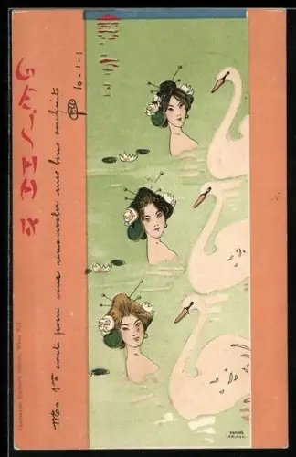 Künstler-AK Raphael Kirchner: Drei asiatische Frauen mit Schwänen im Wasser