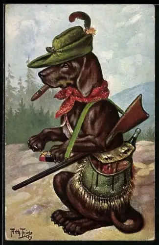 Künstler-AK Arthur Thiele: Dackel zündet sich auf der Jagd eine Zigarre an