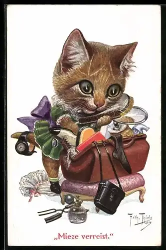 Künstler-AK Arthur Thiele: Vermenschlichte Tiere: Mieze verreist