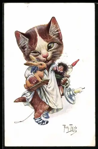 Künstler-AK Arthur Thiele: Kleines Kätzchen im Nachthemd mit Spielzeugen