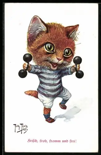Künstler-AK Arthur Thiele: Frisch, froh, fromm und frei!, Katzenkraftsport