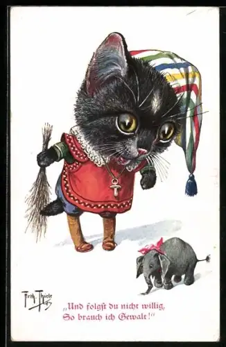 Künstler-AK Arthur Thiele: Katzenkind droht seinem Spielzeugelefanten