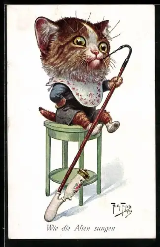 Künstler-AK Arthur Thiele: Wie die Alten sungen..., Kätzchen raucht Pfeife