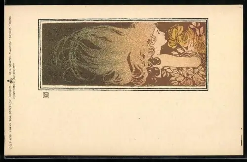 Künstler-AK Philipp + Kramer Nr. V/5 sign. Kolo Moser: Dame mit offenem Haar an einem Rosenstrauch, Jugendstil