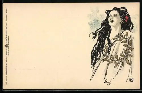 Künstler-AK Philipp + Kramer Serie V/6 sign. Leo Kainradl: Dunkelhaarige Dame im Umhang mit goldenem Lorbeerkranz
