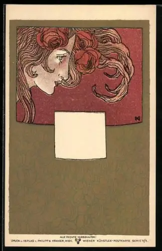 Künstler-AK Philipp + Kramer Nr. V/1 sign. Kolo Moser: Damenprofil mit Rosen im Haar, Jugendstil