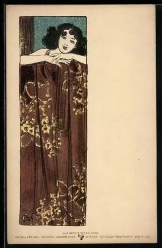 Künstler-AK Philipp + Kramer Nr. V/9 sign. Leo Kainradl: Dunkelhaarige Dame mit einem Tuch mit Blumenmuster