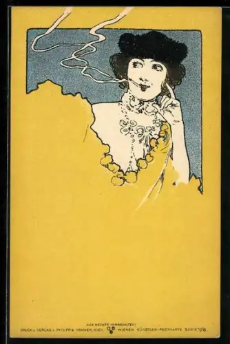 Künstler-AK Philipp + Kramer Nr. V/8 unsign. Leo Kainradl: Dame mit Pelzhut raucht eine Zigarette, Jugendstil