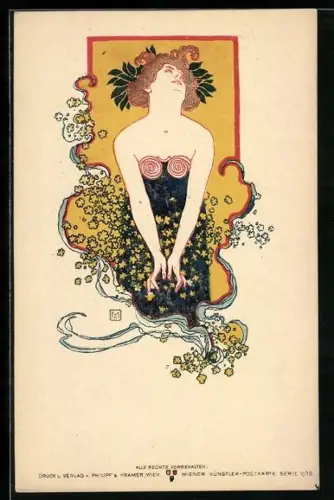 Künstler-AK Philipp + Kramer Nr. V/10 sign. Kolo Moser: Dame mit Lorbeerblättern im Haar umgeben von Blüten, Jugendstil