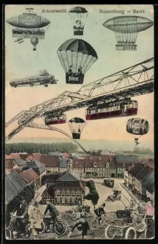 AK Boizenburg, Zukunftsbild mit Zeppelin, Schwebebahn und fliegendem Weinfass