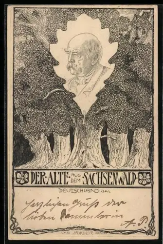 Künstler-AK Carl Jander: Ganzsache PP9 E5 /01: Der Alte aus dem Sachsenwald, Bismarck auf einem Eichenblatt
