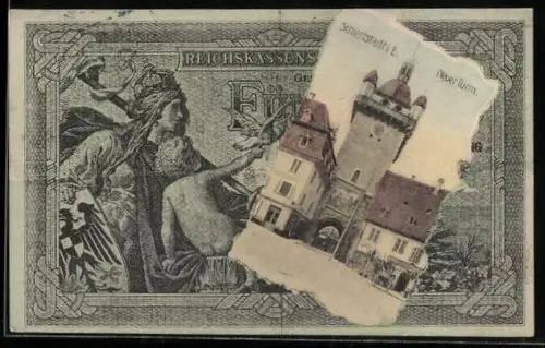 AK Schlettstadt, Neuer Turm in einem Reichsmarkschein-Passepartout
